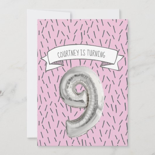 ピンクとグレーのバルーンガールズ9thバースデーパーティー 招待状 (正面)