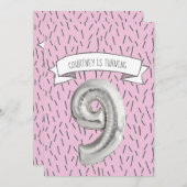 ピンクとグレーのバルーンガールズ9thバースデーパーティー 招待状 (正面/裏面)