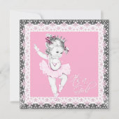 ピンクとグレーのバレリーナベビーガールシャワー 招待状 (正面)
