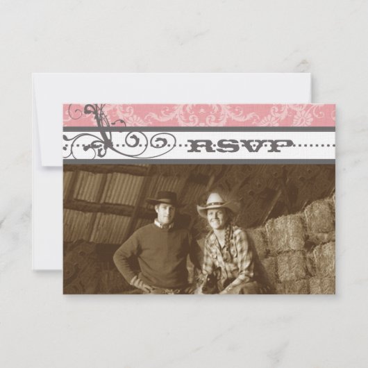 ピンクとグレーのファンキー渦巻き旋回の結婚式RSVP 出欠カード (正面)