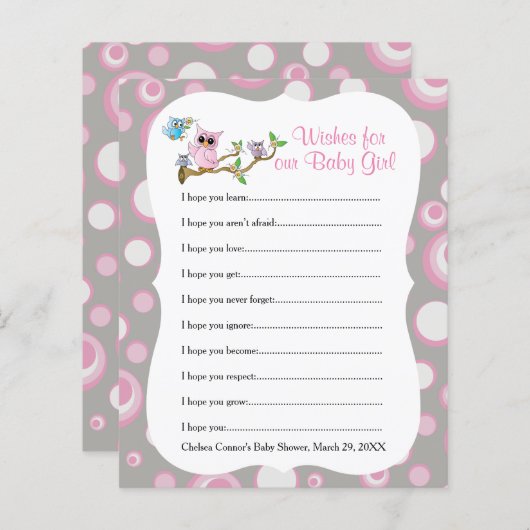 ピンクとグレーのフクロウの赤ちゃんシャワー – ウィッシュ (正面/裏面)