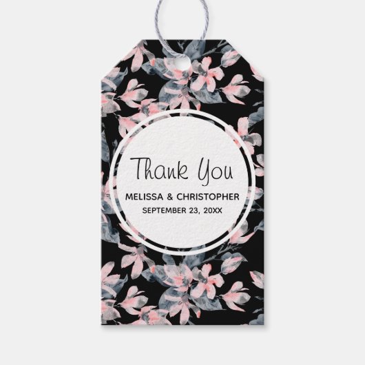 ピンクとグレーのフローラの水の色のパターンありがとう ギフトタグ (正面)
