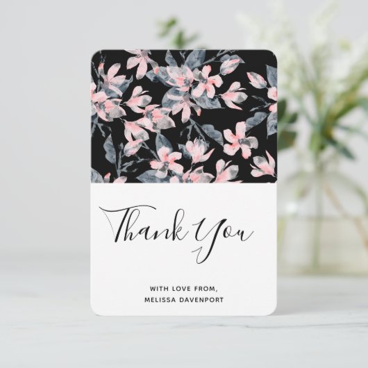 ピンクとグレーのフローラの水の色のパターンありがとう サンキューカード (スタンド正面)