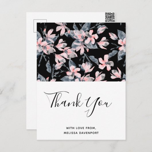 ピンクとグレーのフローラの水の色のパターンありがとう ポストカード (正面/裏面)