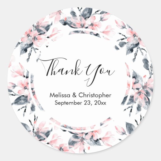 ピンクとグレーのフローラの水の色のパターンありがとう ラウンドシール (正面)