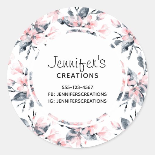 ピンクとグレーのフローラの水彩模様ビジネス ラウンドシール (正面)