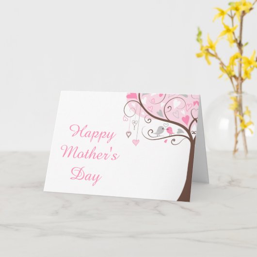ピンクとグレーのフローラの鳥の母の日 カード (黄色い花)
