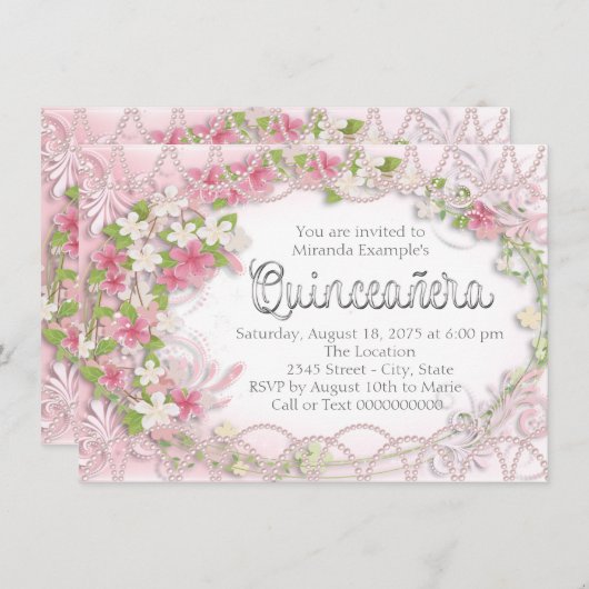 ピンクとグレーのフローラクインセアニラ 招待状 (正面/裏面)