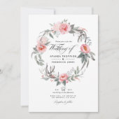 ピンクとグレーのフローラボヘミ結婚アン 招待状 (正面)