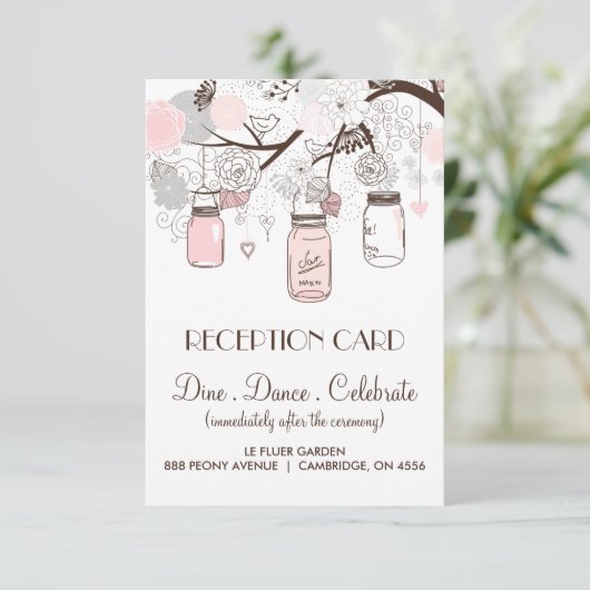 ピンクとグレーのフローラメイスンジャー披露宴カード 招待状 (スタンド正面)