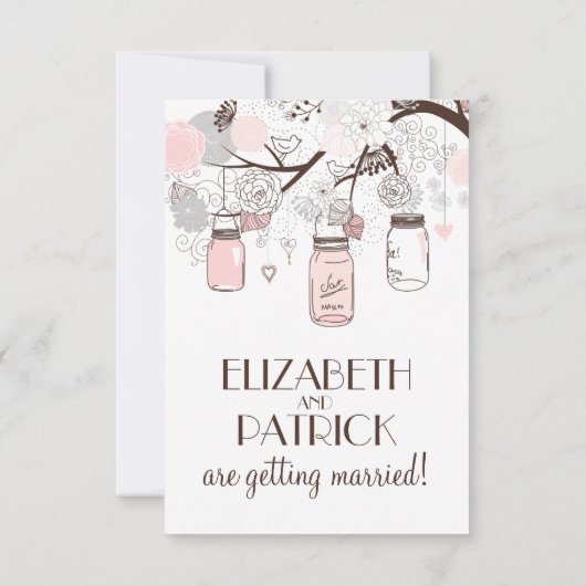 ピンクとグレーのフローラメイスンジャー披露宴カード 招待状 (裏面)