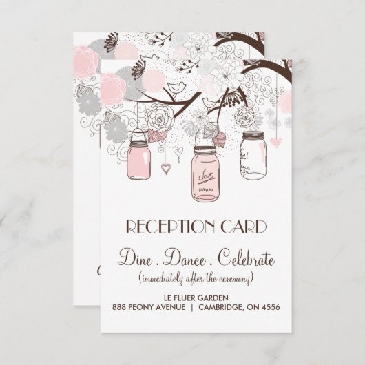 ピンクとグレーのフローラメイスンジャー披露宴カード 招待状 (正面/裏面)