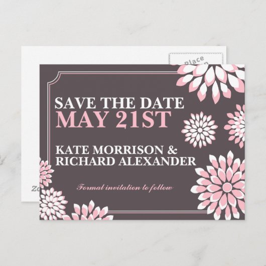 ピンクとグレーのフローラ日付はがきを保存 案内ポストカード (正面/裏面)