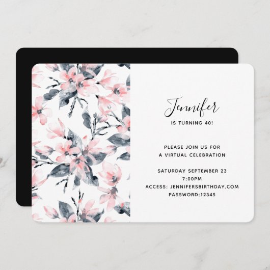 ピンクとグレーのフローラ水の色パターン仮想 招待状 (正面/裏面)