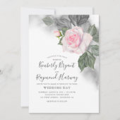 ピンクとグレーのフローラ水色エレガントな結婚式 招待状 (正面)