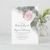 ピンクとグレーのフローラ水色エレガントな結婚式 招待状 (スタンド正面)
