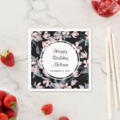 ピンクとグレーのフローラ水色パターン誕生日 スタンダードカクテルナプキン (インサイチュ)