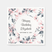 ピンクとグレーのフローラ水色パターン誕生日 スタンダードカクテルナプキン (正面)