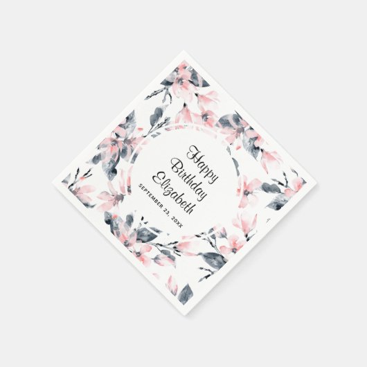 ピンクとグレーのフローラ水色パターン誕生日 スタンダードカクテルナプキン (角)