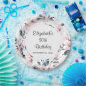 ピンクとグレーのフローラ水色パターン誕生日 ペーパープレート (パーティー)