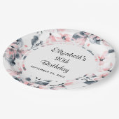 ピンクとグレーのフローラ水色パターン誕生日 ペーパープレート (アングル)