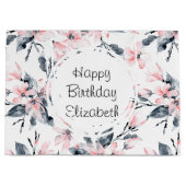 ピンクとグレーのフローラ水色パターン誕生日 ラージペーパーバッグ (正面)