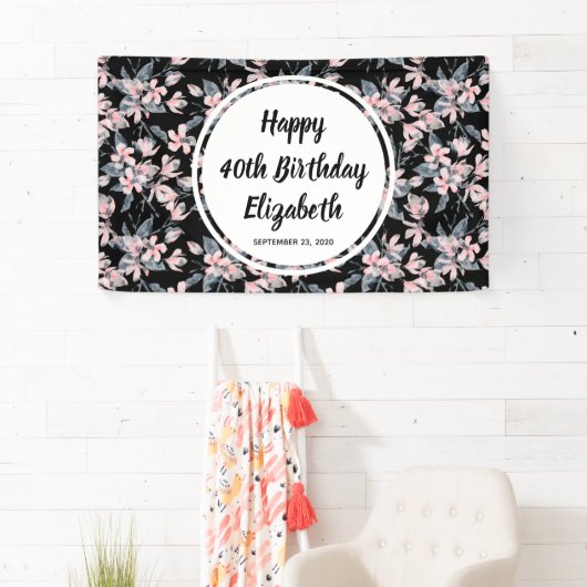 ピンクとグレーのフローラ水色パターン誕生日 横断幕 (インサイチュ)