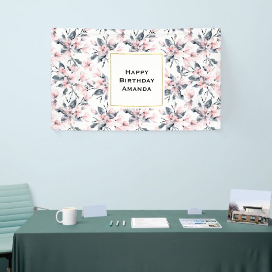 ピンクとグレーのフローラ水色パターン誕生日 横断幕 (トレードショー)