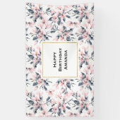 ピンクとグレーのフローラ水色パターン誕生日 横断幕 (縦)