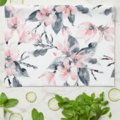 ピンクとグレーのフローラ水色パターン キッチンタオル (折り畳み)