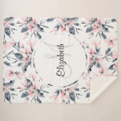 ピンクとグレーのフローラ水色パターン シェルパブランケット (正面(横))