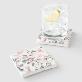 ピンクとグレーのフローラ水色パターン ストーンコースター (横)