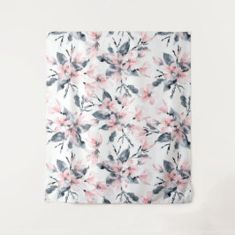 ピンクとグレーのフローラ水色パターン タペストリー