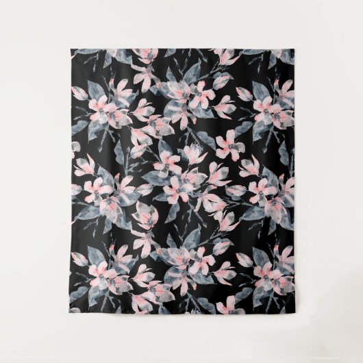 ピンクとグレーのフローラ水色パターン タペストリー (正面)