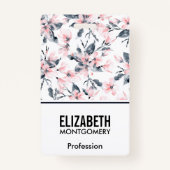 ピンクとグレーのフローラ水色パターン バッジ (正面)