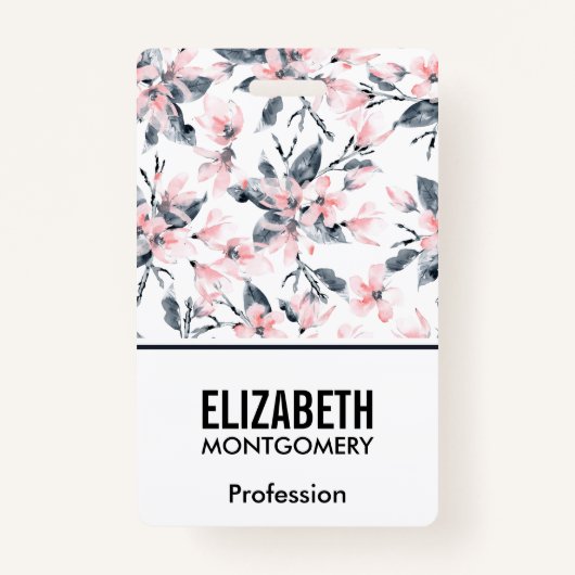 ピンクとグレーのフローラ水色パターン バッジ (裏面)