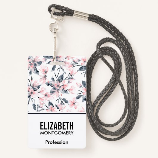 ピンクとグレーのフローラ水色パターン バッジ (裏面ランヤード)