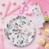 ピンクとグレーのフローラ水色パターン ペーパープレート (パーティー)