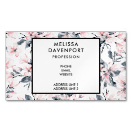 ピンクとグレーのフローラ水色パターン マグネット名刺