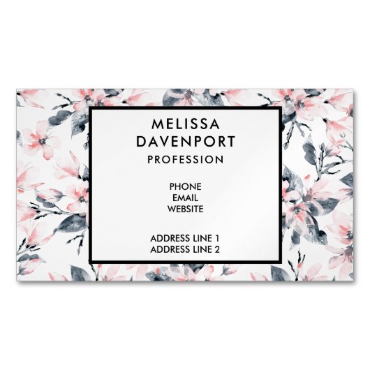 ピンクとグレーのフローラ水色パターン マグネット名刺 (正面)