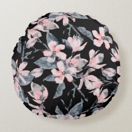 ピンクとグレーのフローラ水色パターン ラウンドクッション