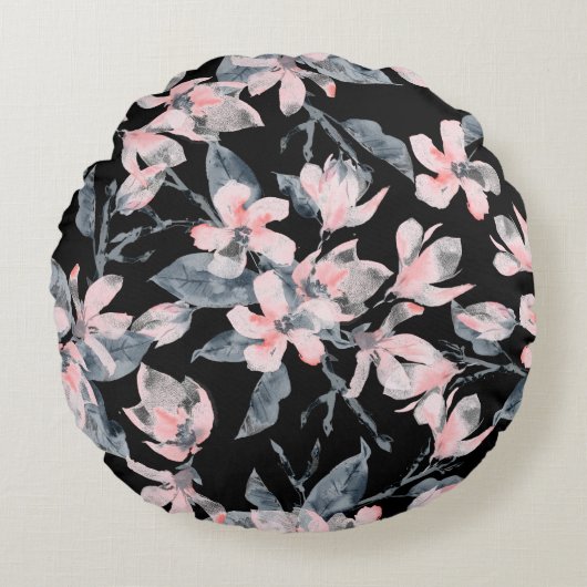 ピンクとグレーのフローラ水色パターン ラウンドクッション (正面)