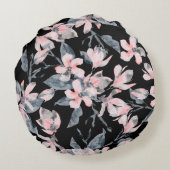 ピンクとグレーのフローラ水色パターン ラウンドクッション (裏面)