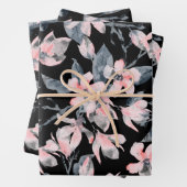 ピンクとグレーのフローラ水色パターン ラッピングペーパーシート (インサイチュ)