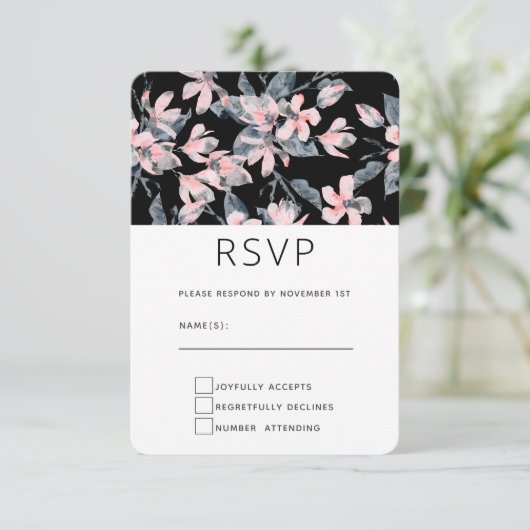 ピンクとグレーのフローラ水色パターン 出欠カード (スタンド正面)