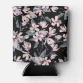 ピンクとグレーのフローラ水色パターン 缶クーラー (正面)