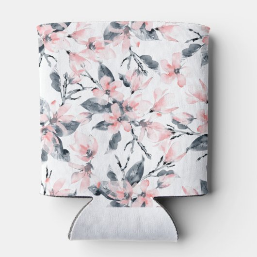 ピンクとグレーのフローラ水色パターン 缶クーラー (裏面)