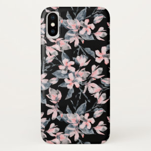 ピンクとグレーのフローラ水色パターン iPhone X ケース