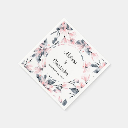 ピンクとグレーのフローラ水色パター結婚ン スタンダードカクテルナプキン (角)