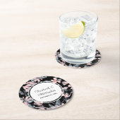 ピンクとグレーのフローラ水色パター結婚ン ラウンドペーパーコースター (インサイチュ)